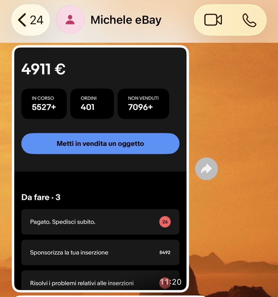 Dashboard eBay di uno studente: 4.911 € di vendite, 401 ordini e oltre 5.500 inserzioni attive
