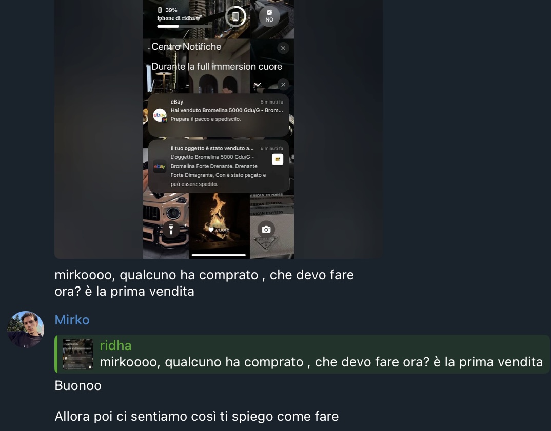 Chat di uno studente con la notifica eBay della sua prima vendita: «qualcuno ha comprato, è la prima vendita»